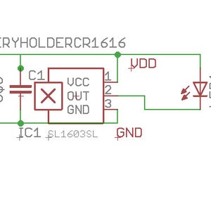 May include: Schematic diagram of a circuit with a battery, capacitor, and LED. The text "BATTERYHOLDERCR1616" is at the top. The circuit includes components labeled "U$3", "C1", "IC1 SL1603SL", and "LED1".