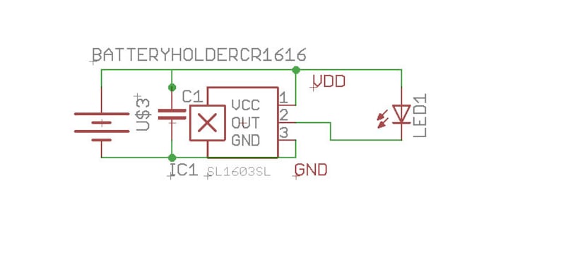 May include: Schematic diagram of a circuit with a battery, capacitor, and LED. The text "BATTERYHOLDERCR1616" is at the top. The circuit includes components labeled "U$3", "C1", "IC1 SL1603SL", and "LED1".
