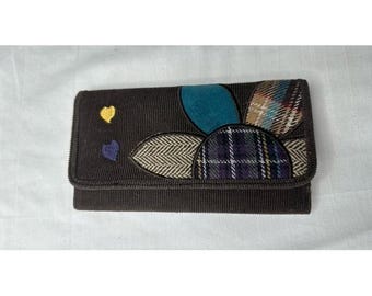 New Women's wallet, corduroy Tweed flowers and hearts BoHo Indie/hippie Brown