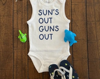 Sun's Out Guns Out Sleeveless Baby Bodysuit, Summer Outfit, Baby Shower Gift, Babies Who Lift, Gym Baby, Baby Gift, Vacation, Beach Outfit