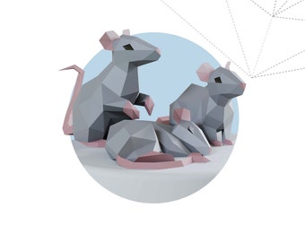 Papercraft 3d RAT MOUSE SET Low Poly Paper Sculpture DIy gift Decor kids animal home loft and office pepakura pattern template polygonal art