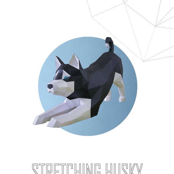 Papercraft 3D STRETCHING HUSKY HUND Puppy Pepakura Pdf Vorlage Low polygonal Papercraftfreak Skulptur Decor Loft Büro Tierliebhaber Geschenk