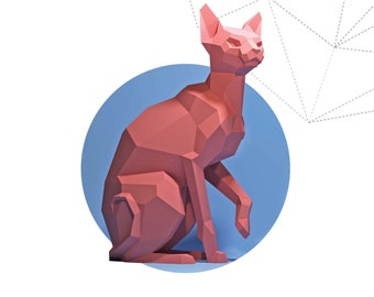 Papercraft 3D SPHYNX CAT sculpture pepakura gift for cat lover low poly sitting kitty DIY wall decor loft home and office pattern template