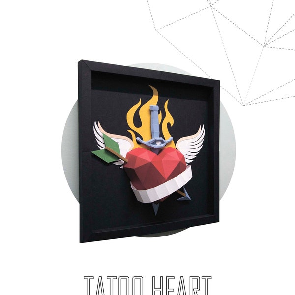 Papercraft 3d OLDSCHOOL TATTOO HEART in frame for Valentine's Day 3D Low Poly Paper Sculpture Decor Tattoo salon pepakura pattern template