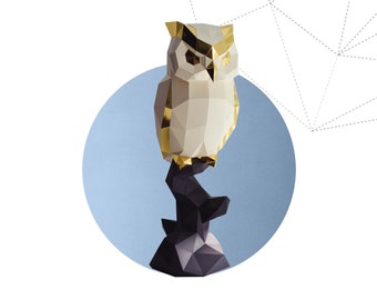 Papercraft 3D OWL en RAMA nuevo pájaro pepakura plantilla PDF Low Poly Paper Sculpture Diy regalo boda Decoración brutal patrón animal poligonal