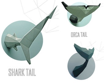 Papercraft 3d Sea FISH TAIL PACK 3 en 1 escultura de papel de animal de dibujos animados pepakura regalo lowpoly ideas de decoración de vivero plantilla de oficina trofeo de vela