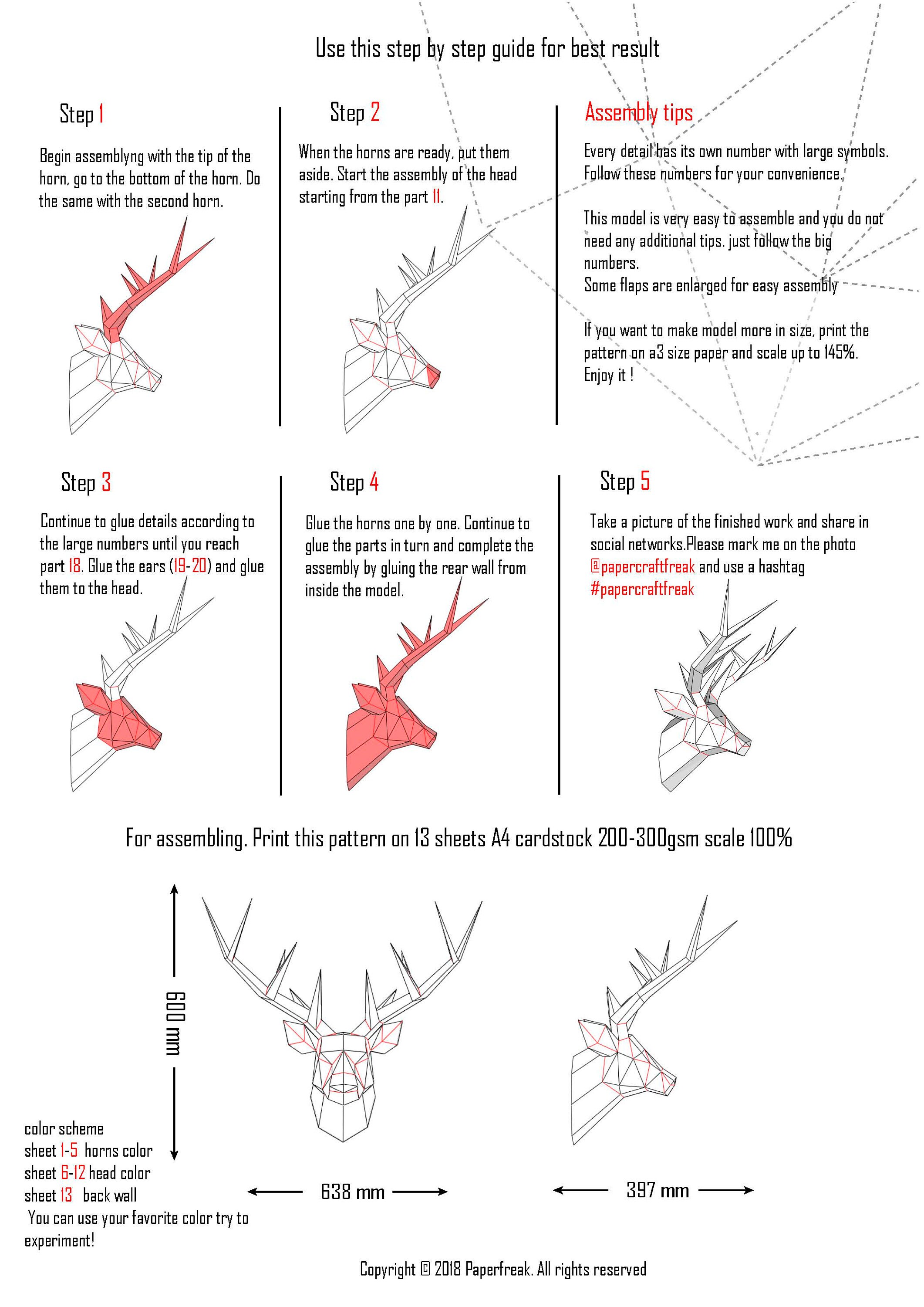 Papercraft 3D DEER HEAD Horns TYPE2 Pepakura PDF Template Low - Etsy