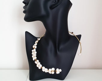 White Natural Pearls Necklace • Layering Necklace • Bridesmaid Necklace • Champagne Pearl Jewelry • Freshwater Pearl Pendant • Pearl Choker