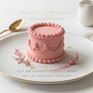Puede incluir: Un molde de silicona cilíndrico de color rosa con ribetes decorativos y festones, presentado como descarga digital. El texto incluye DIGITAL DOWNLOAD, SILICONE MOLD MASTER- 3D PRINTING, STL • 3MF • INSIDE • EXTERNAL MOLD e INSIDE 2 SIZE.