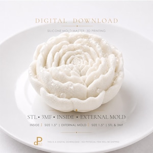 May include: A white 3D printed flower-shaped silicone mould master with layered petals. Text reads: DIGITAL DOWNLOAD, SILICONE MOULD MASTER- 3D PRINTING, STL 3MF INSIDE EXTERNAL MOULD, INSIDE SIZE 3.81 cm | EXTERNAL MOULD SIZE 3.81 cm | STL & 3MF.