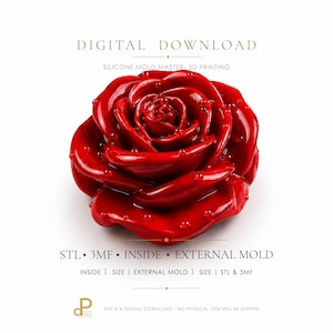 Puede incluir: Una rosa roja brillante con gotas de agua visibles en sus pétalos. El texto dice: DIGITAL DOWNLOAD, SILICONE MOLD MASTER- 3D PRINTING, STL 3MF INSIDE EXTERNAL MOLD, INSIDE SIZE EXTERNAL MOLD SIZE STL & 3MF, y un pequeño logotipo abajo.