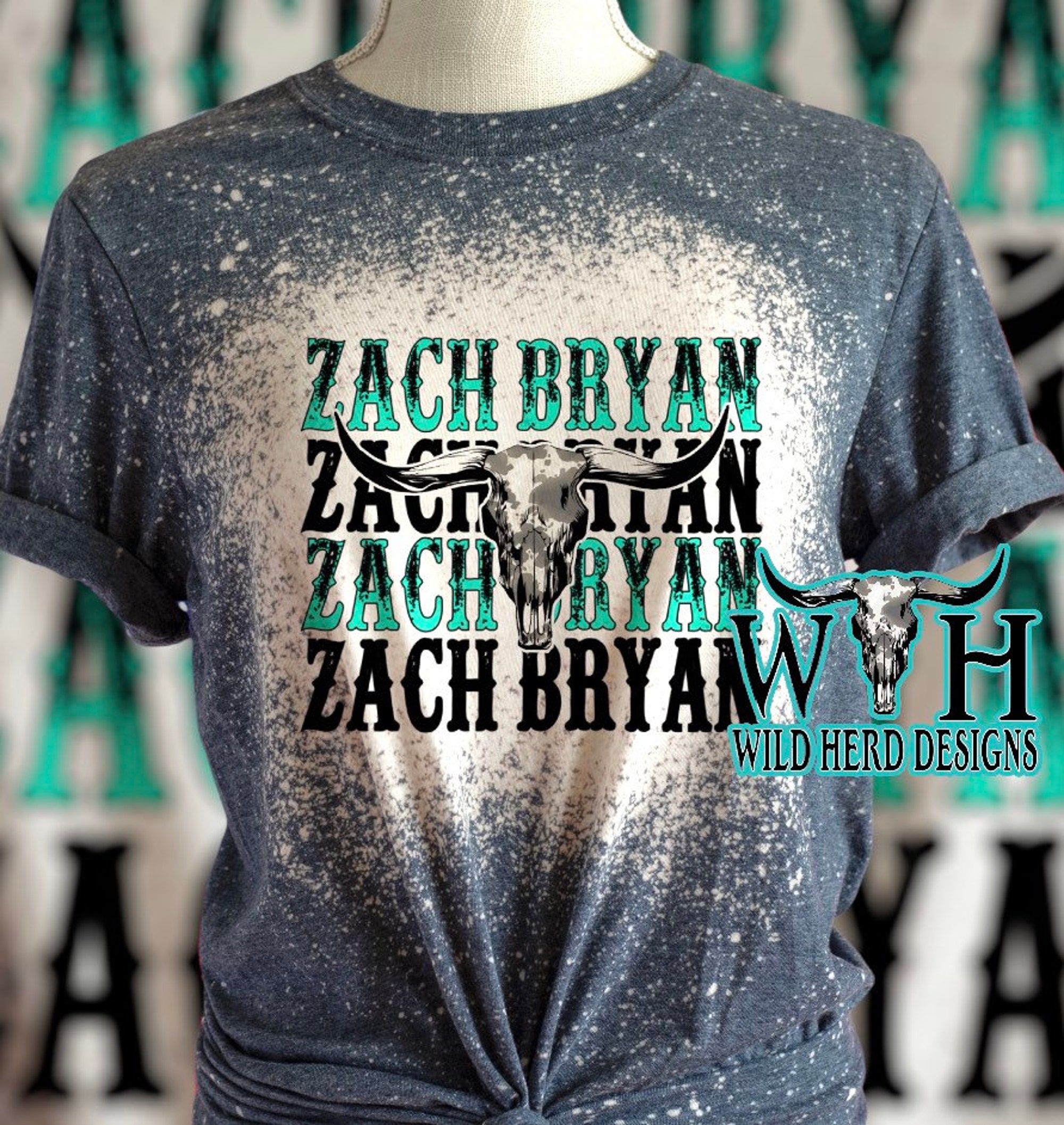 Zach Bryan Shirt, Teal, Bull Skull, Country Music