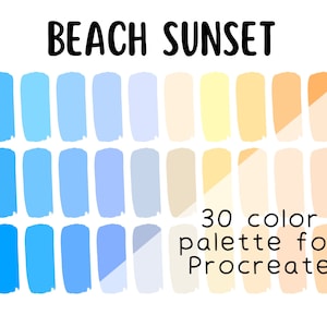 May include: A digital color palette for Procreate with 30 shades of blue and orange, inspired by a beach sunset. The palette is labeled "Beach Sunset 30 color palette for Procreate".