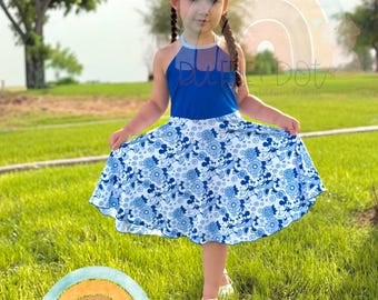Blå mus-snurrklänning för flickor, klänning med vintagefigurer, halterneckklänning för småbarn, blommig tecknad klänning, sommar