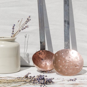 Beautiful set of Antique French Copper Ladle Strainer Skimmer Bronze shade, Rustic Farmhouse Kitchen, Antique Kitchen Accessories Vintage
