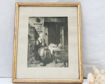 Beautiful Antique Black and White Photogravure with Gold Frame - Praying Woman - Antique Photograph Wall Decor Wall Hanging