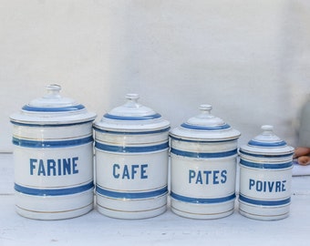 vintage Labeled Kitchen Canisters, St Gervais Blue & White Pots de cuisine émaillés Décor rustique - Pot de farine, Poivrier, Pot de pâtes, Cafetière