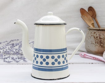 Vintage Enameled Tea Pot - white blue polka dot Antique Carafe Coffee Pot - French Rustic Kitchen Decor