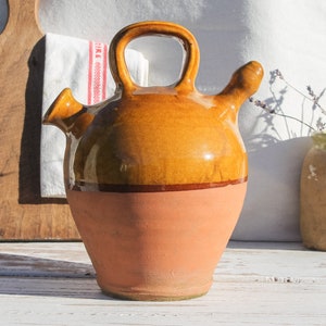 Antique French Wine or Water 'Gargoulette' Jug with handle and lid farmhouse decor terracotta pitcher primitive jug Stoneware Pottery pot image 5