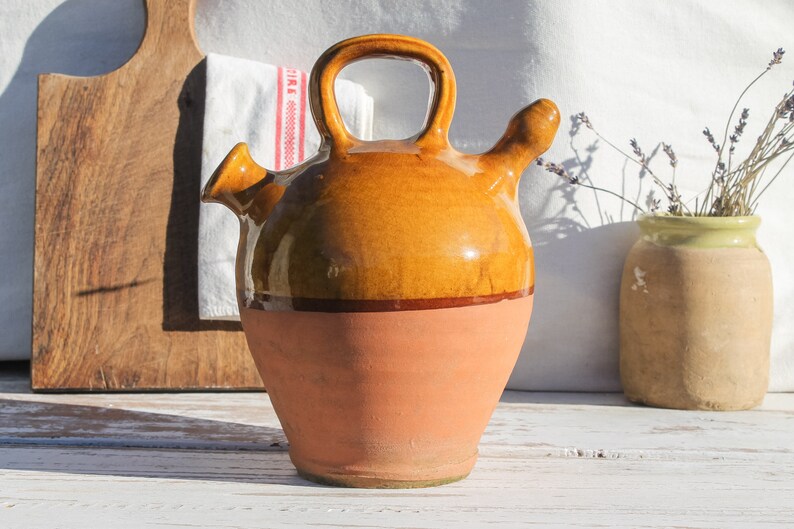 Antique French Wine or Water 'Gargoulette' Jug with handle and lid farmhouse decor terracotta pitcher primitive jug Stoneware Pottery pot image 5