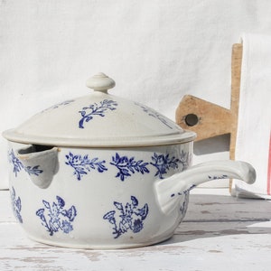 Beautiful and rare Saint Uze Antique Ironstone saucepan with lid - French Antique Ceramic Cookware Kitchen Home Rustic Decor, Plant Holder