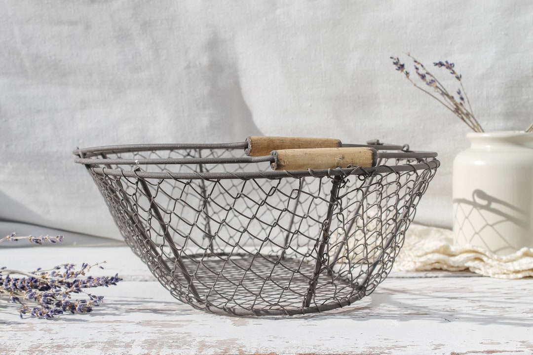 Vintage French Oval Egg Wire Basket With Wooden Handles, Garden
