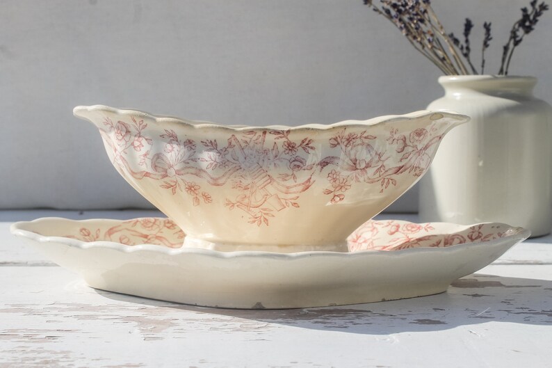 French Vintage Limoges Porcelain Gravy Boat, Sauciere, Sauce Bowl Signed antique china tableware Earthenware serving dish rustic bowl image 7