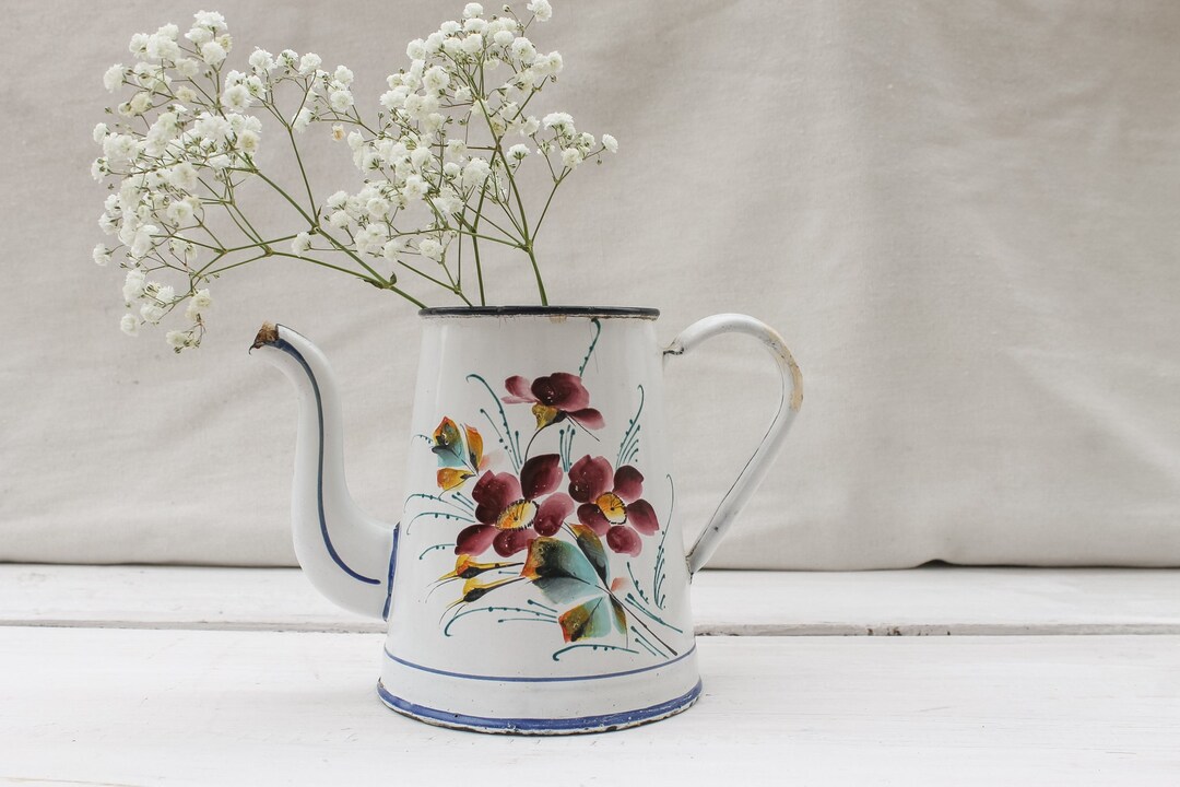 Beautiful Antique French Teapot or Watering Can Enamelware Floral