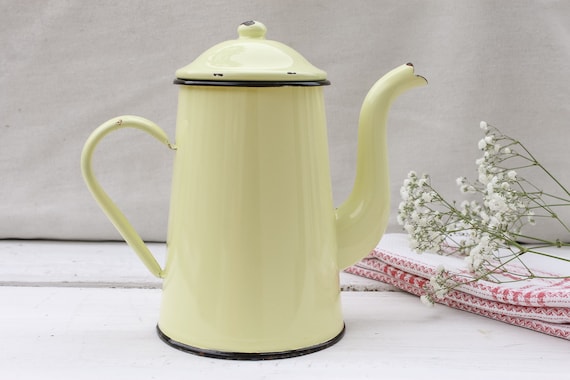1940s French Enamel Yellow Coffee Maker. French Vintage Kitchen