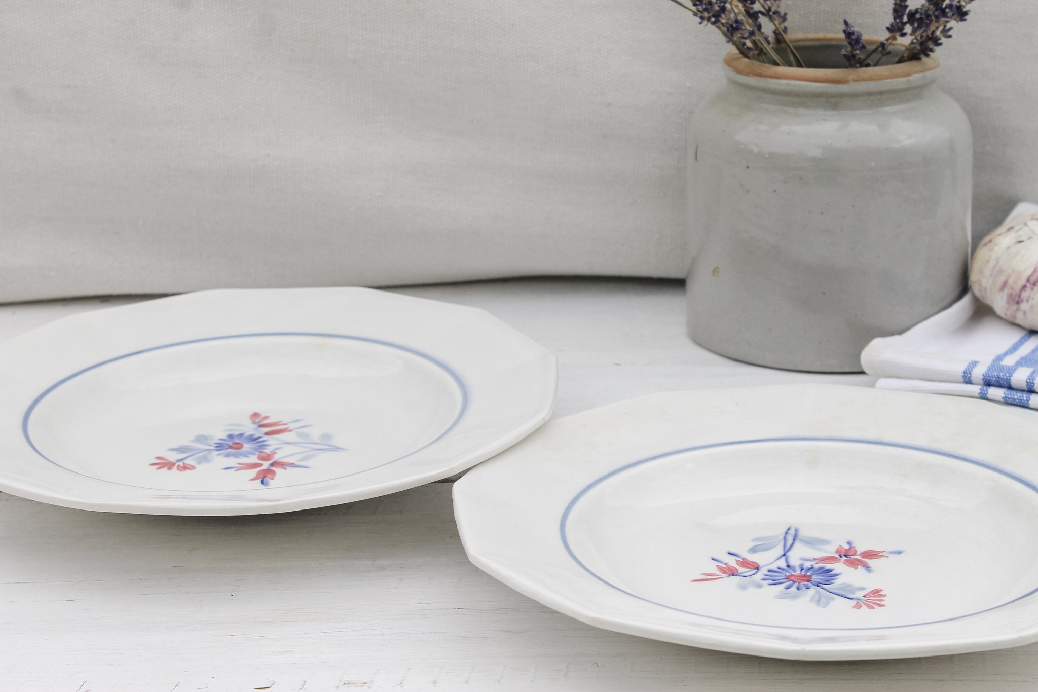 Juego de 2 platos estampados florales antiguos franceses firmados, vajilla de granja rústica, loza de China vintage francesa