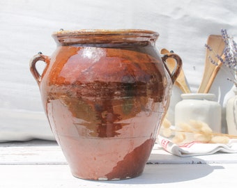 Ancien pot confit Français de 10 1/3" avec poignées, pot de graisse en grès émaillé brun amphore, poterie primitive, pichet décoratif urne vase vase