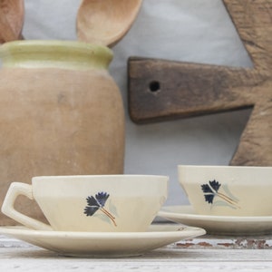 Beautiful Set of 2 Tea Cups and Saucers French Vintage - Moulin des Loups - Earthenware China - Coffee Cups Drinkware Serveware