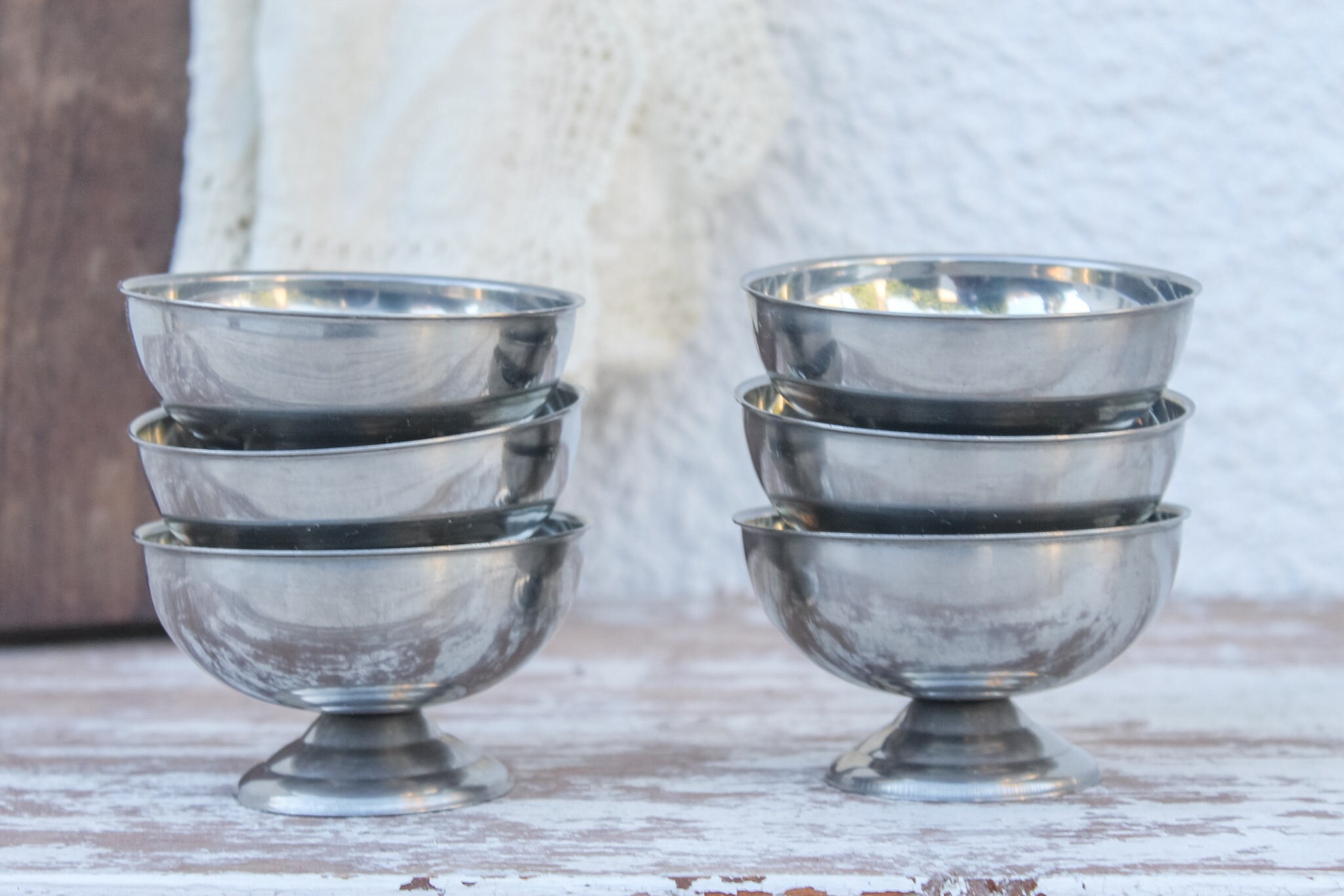 Set of 6 Vintage French Metal Stainless Steel Large Footed Ice Cream ...