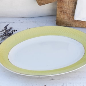 Vintage Yellow and White Oval Serving Dish - French Vintage Moulin des Loups France Tableware, China serveware Rustic Antique platter plate