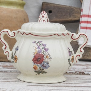 Antique Digoin Sarreguemines Earthenware sugar pot wit lid and handle, Agreste, kitchen container, home decor rustic pot