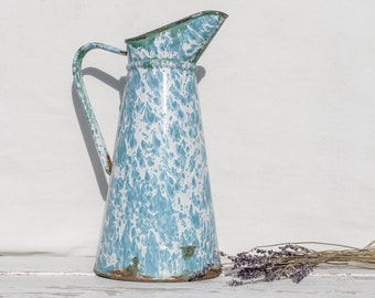 Large Blue & White Enamel Water Pitcher Jug, French Vintage Farmhouse Rustic Enamelware, Enameled Broc, Vase, Plant Holder Watering Can