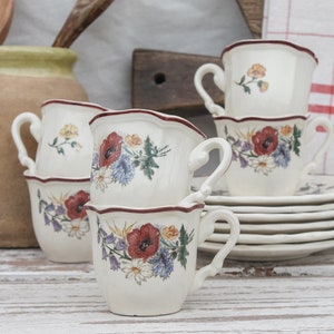 Beautiful Set of 6 Coffee Cups and Saucers - Floral Digoin Sarreguemines Agreste collection - French Vintage China, Coffee Espresso Cup