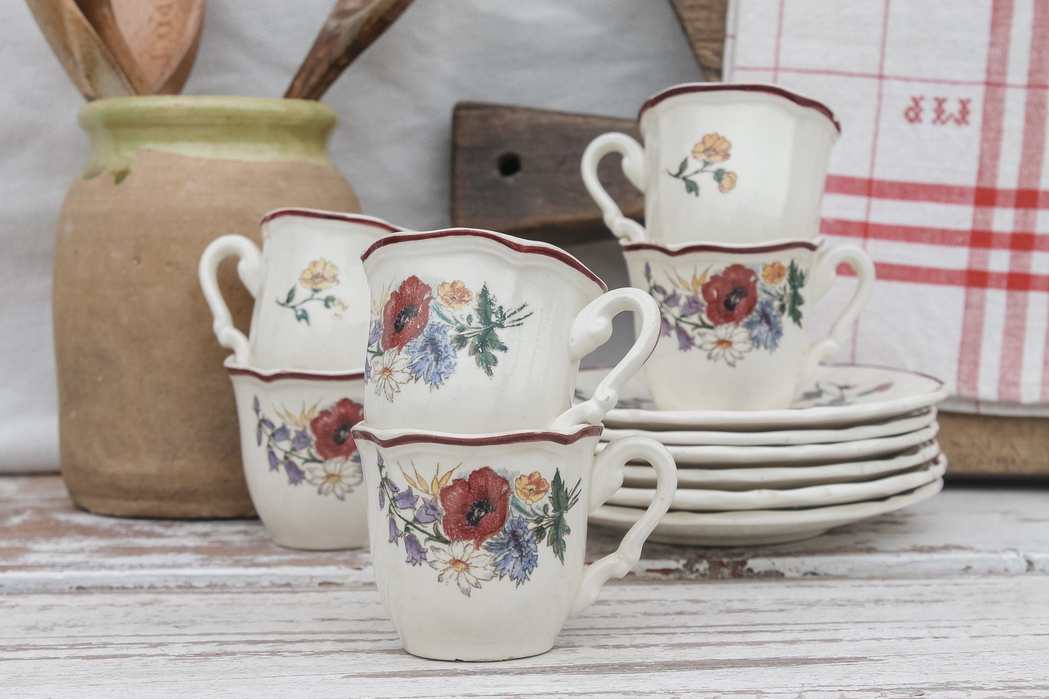 Beautiful Set of 6 Coffee Cups and Saucers - Floral Digoin Sarreguemines Agreste collection - French Vintage China, Coffee Espresso Cup