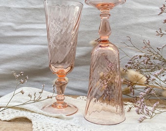 Set of 8 Vintage Champagne Glasses Flutes Luminarc Rosaline - Pink Swirl French Bistro Glasses - Drinkware Barware Coupe Stemmed glass