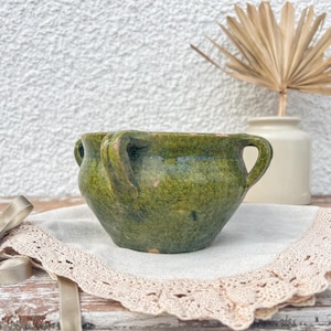 Atemberaubender antiker glasierter Steinzeug-Pflanzer, Pflanzen- oder Blumentopf mit vier Griffen, primitive Gefäßkeramik, Bauernhausdekor