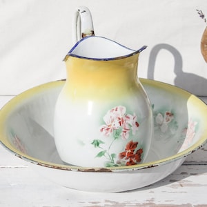 Vintage 1940s French Enameled Washing Set Pitcher and Wash Bowl, Yellow Floral Enamelware Vintage Home Decor Rustic Farmhouse image 1