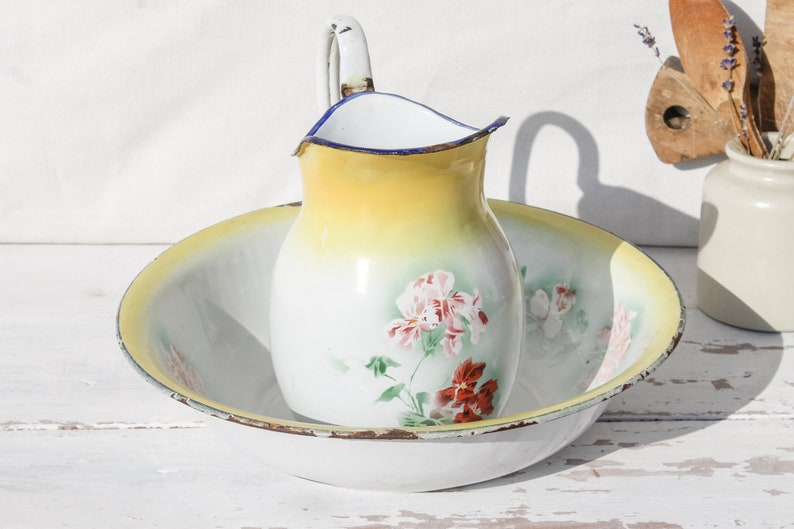 Vintage 1940s French Enameled Washing Set Pitcher and Wash Bowl, Yellow Floral Enamelware Vintage Home Decor Rustic Farmhouse image 1