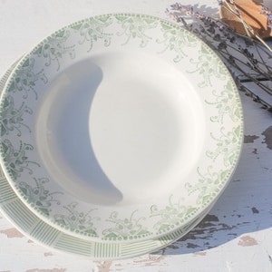 Set of 2 Mismatched Vintage Earthenware Plates - Stripes and Flowers - Hollow Plates - Rustic Plates China Tableware - White and Green