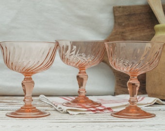 Set of 3 Vintage French Pink Swirl Rosaline Arcoroc Luminarc France Champagne Cocktail Digestive drinking Glasses, Dessert stem glass, coupe