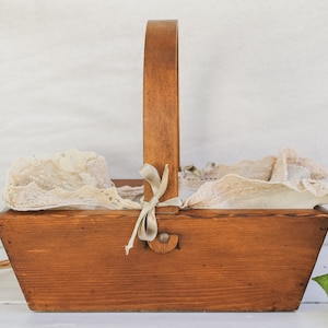 French Vintage Rare Wooden Basket with removable doily, Harvest Basket, Fruit Basket, Rustic Farmhouse Antique French Storage
