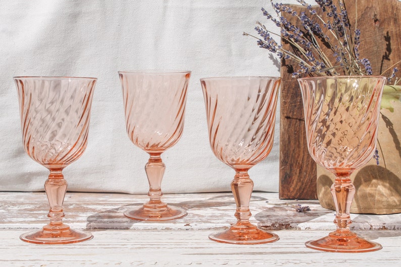 Set of 4 Rosaline Arcoroc Luminarc Pink Swirl Water or Wine Glasses French Vintage 1970s Stemmed Glasses Drinkware Retro Bistro Style image 1