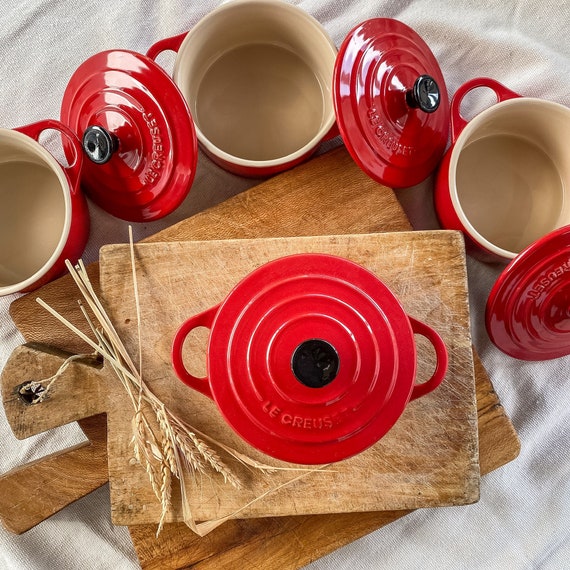 Set of 4 Le Creuset Small Casserole Dishes Crock Pots Dutch Oven Red  Ceramic Stoneware Ovenproof French Vintage Cookware 