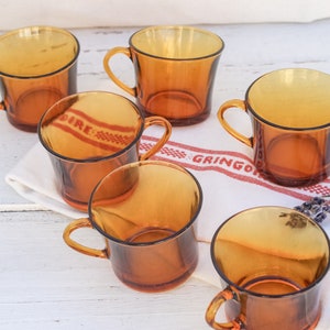 Set of 6 Vintage small Duralex Amber Glass Smoke Glass Coffee or Tea Cups Mugs with handle - French Retro Drinkware Breakfast cups