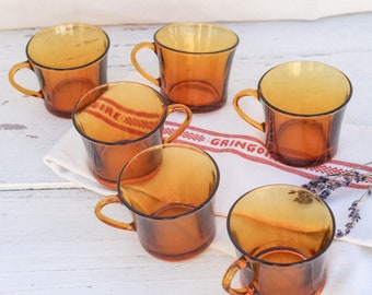 Set of 6 Vintage small Duralex Amber Glass Smoke Glass Coffee or Tea Cups Mugs with handle - French Retro Drinkware Breakfast cups