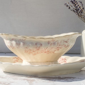 French Vintage Limoges Porcelain Gravy Boat, Sauciere, Sauce Bowl Signed antique china tableware Earthenware serving dish rustic bowl image 1